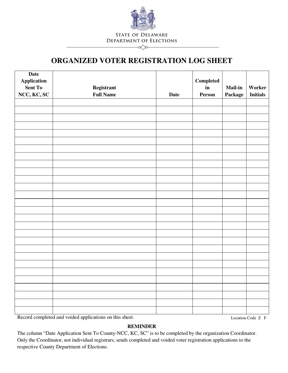 Organized Voter Registration Log Sheet - Delaware, Page 1