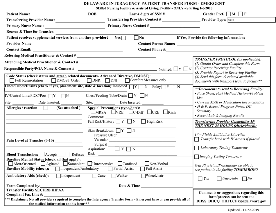 Delaware Interagency Patient Transfer Form - Emergent - Delaware, Page 1
