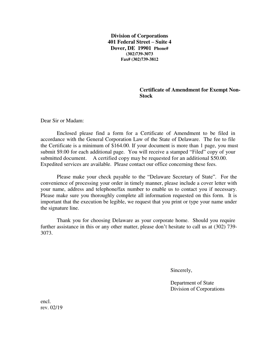 Certificate of Amendment (A Corporation Without Capital Stock) - Delaware, Page 1