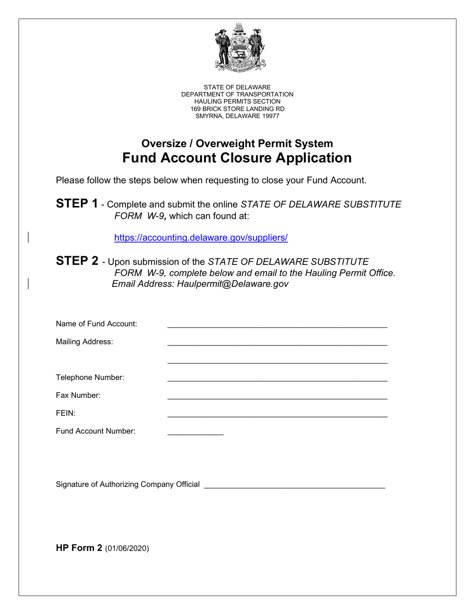 HP Form 2 Fund Account Closure Application - Delaware, Page 1