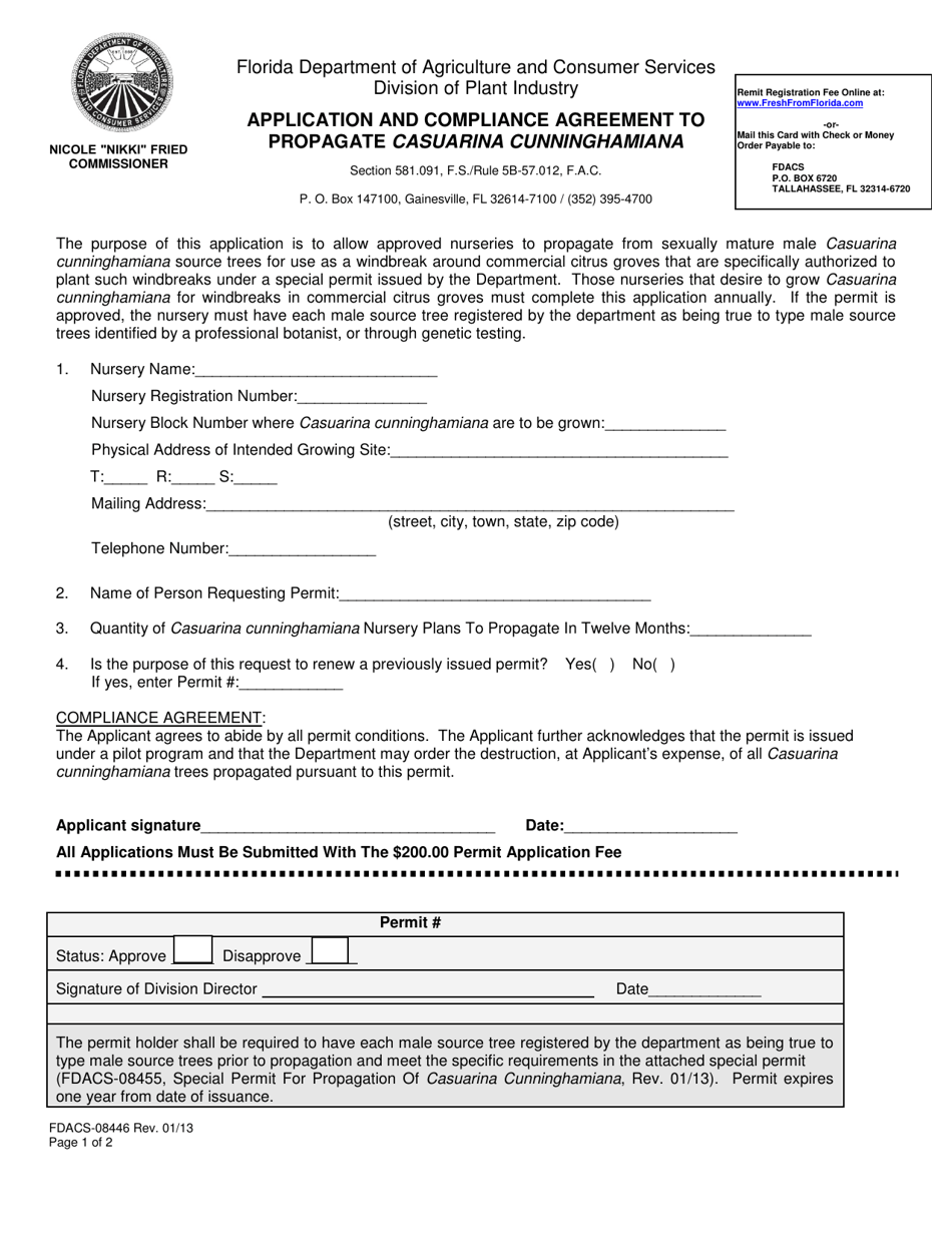 Form FDACS-08446 Application and Compliance Agreement to Propagate Casuarina Cunninghamiana - Florida, Page 1