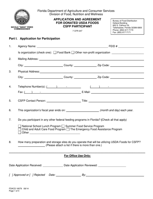 Form FDACS-16079 Application and Agreement for Donated Usda Foods Csfp Participant - Florida