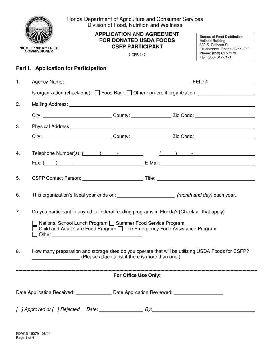 Form FDACS-16079 Application and Agreement for Donated Usda Foods Csfp Participant - Florida, Page 1