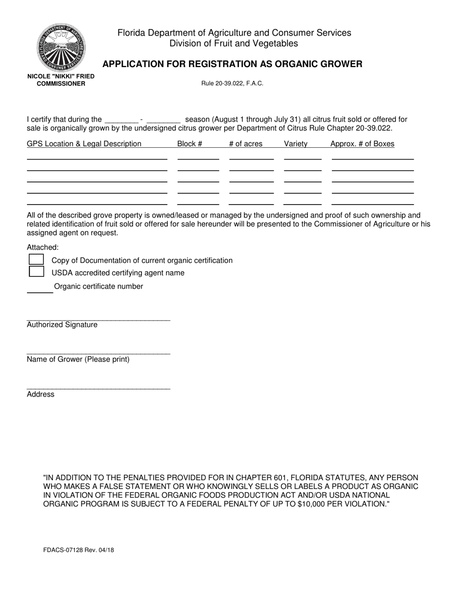 Form FDACS-07128 Application for Registration as Organic Grower - Florida, Page 1
