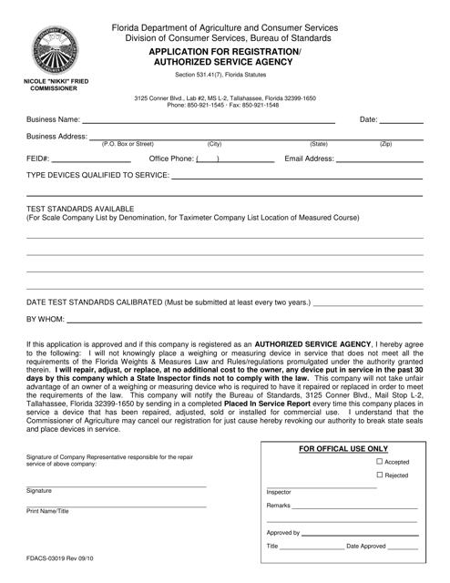 Form FDACS-03019 Application for Registration/Authorized Service Agency - Florida