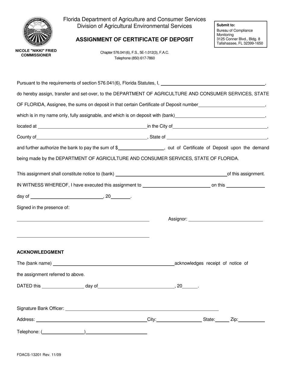 Form FDACS-13201 Assignment of Certificate of Deposit - Florida, Page 1