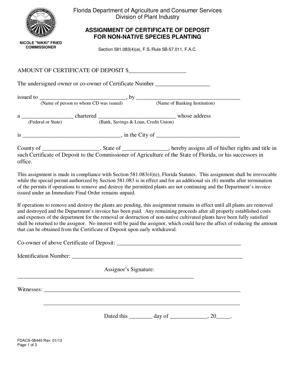 Form FDACS-08440 Assignment of Certificate of Deposit for Non-native Species Planting - Florida, Page 1