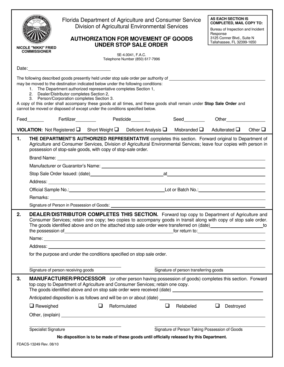 Form FDACS-13249 Authorization for Movement of Goods Under Stop Sale Order - Florida, Page 1