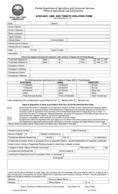 Form FDACS-01156 Avocado, Lime, and Tomato Violation Form - Florida