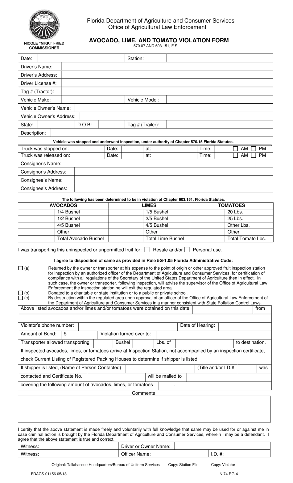 Form FDACS-01156 Avocado, Lime, and Tomato Violation Form - Florida, Page 1