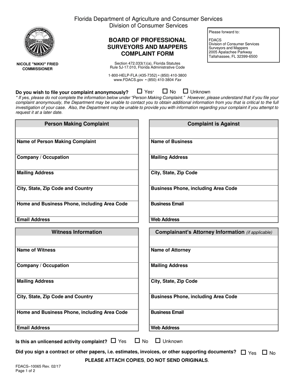 Form FDACS-10065 Board of Professional Surveyors and Mappers Complaint Form - Florida, Page 1
