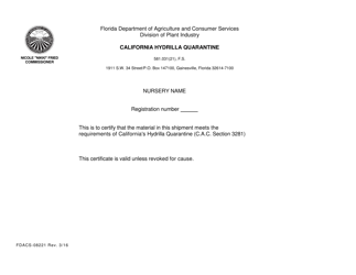 Document preview: Form FDACS-08221 California Hydrilla Quarantine - Florida