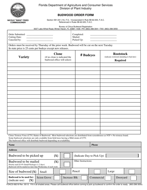 Form FDACS-08218 Budwood Order Form - Florida
