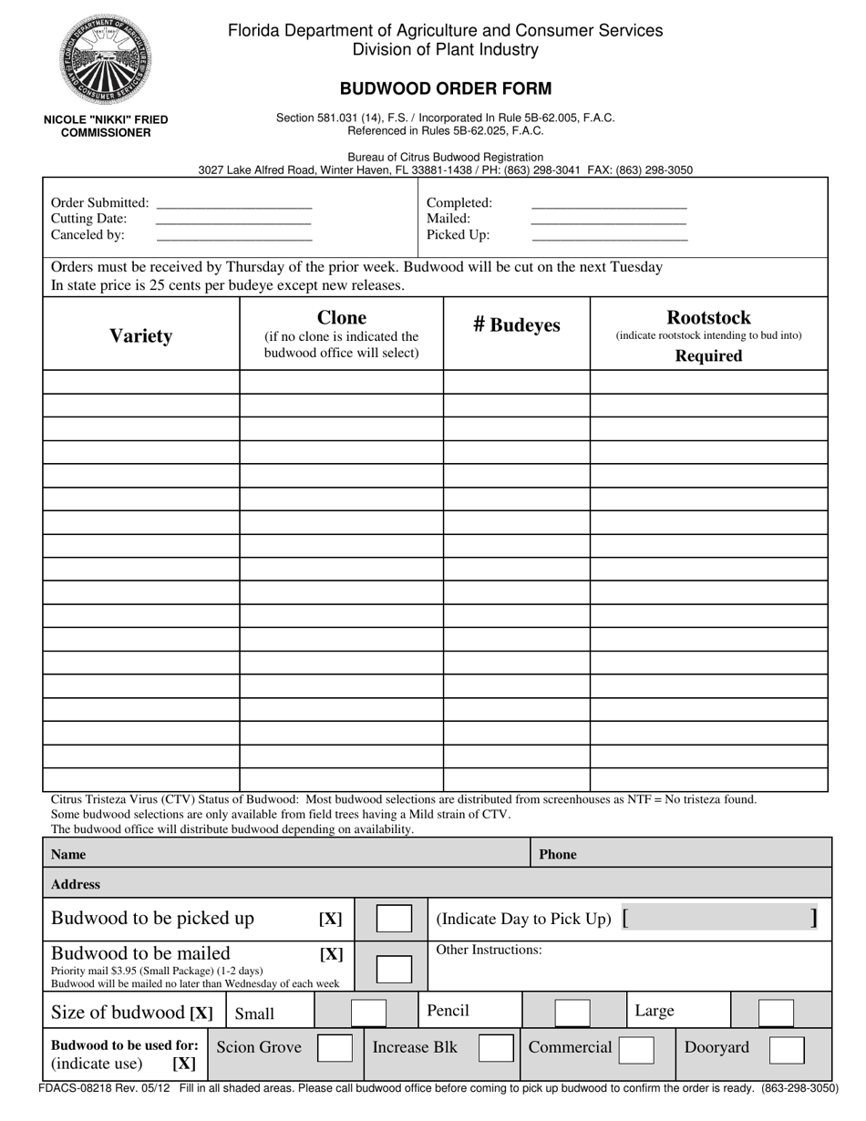 Form FDACS-08218 Budwood Order Form - Florida, Page 1
