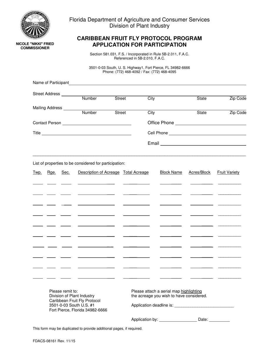 Form FDACS-08161 Caribbean Fruit Fly Protocol Program Application for Participation - Florida, Page 1
