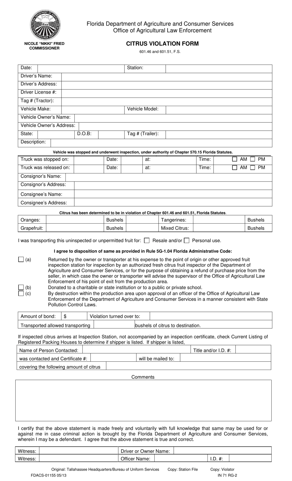 Form FDACS-01155 Citrus Violation Form - Florida, Page 1