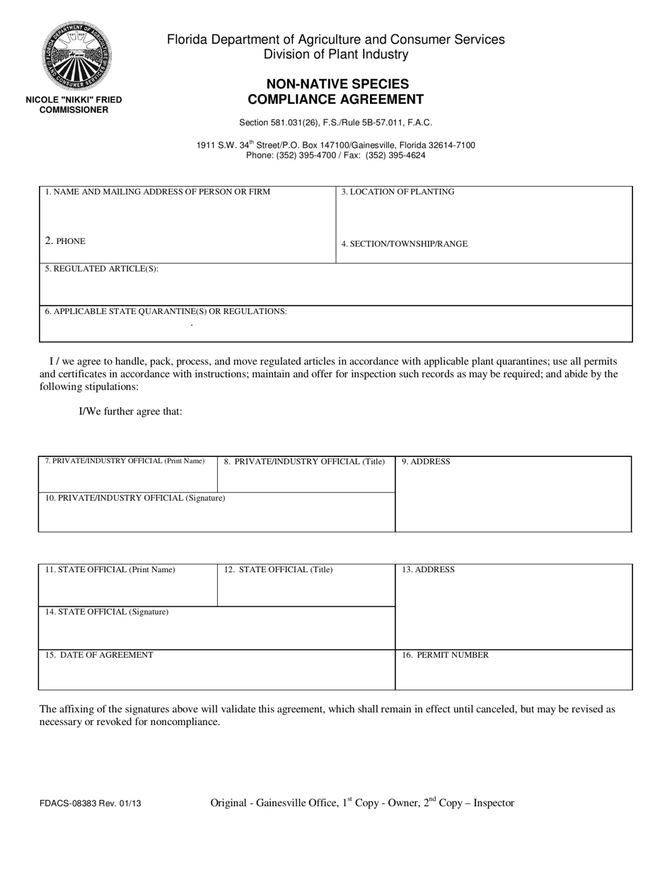 Form FDACS-08383 Non-native Species Compliance Agreement - Florida, Page 1