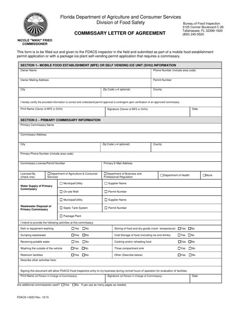Form FDACS-14223 Commissary Letter of Agreement - Florida
