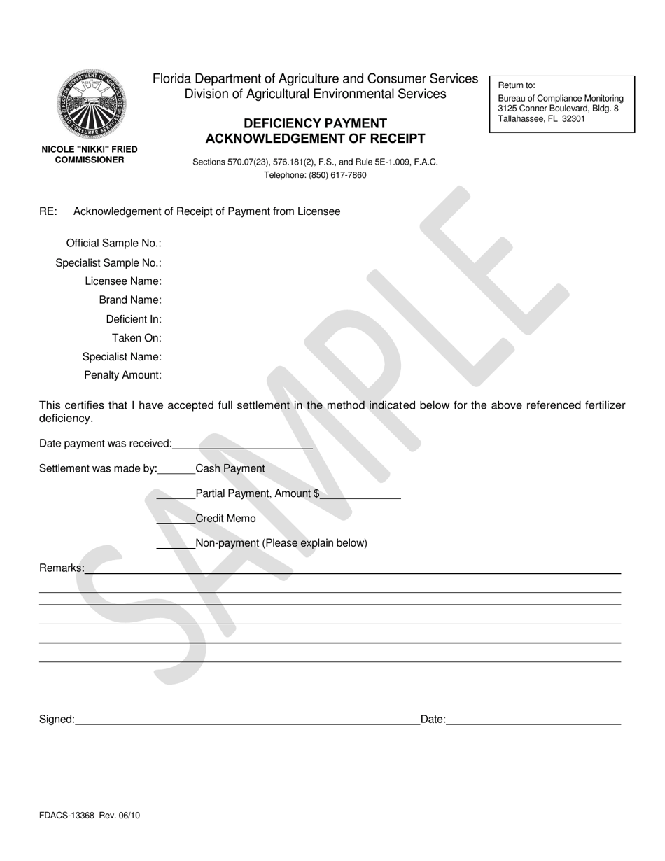 Form FDACS-13368 Deficiency Payment Acknowledgment of Receipt - Florida, Page 1