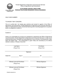 Document preview: Form FDACS-01842 Electronic Surveillance Form Person/Telephone/Residence/Vehicle/Business - Florida