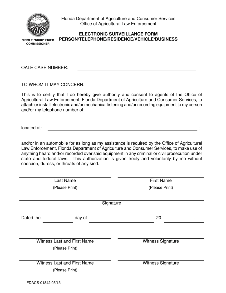 Form FDACS-01842 Electronic Surveillance Form Person / Telephone / Residence / Vehicle / Business - Florida, Page 1