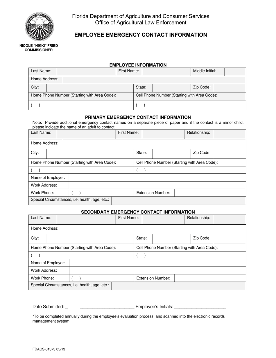 Form FDACS-01373 Employee Emergency Contact Information - Florida, Page 1