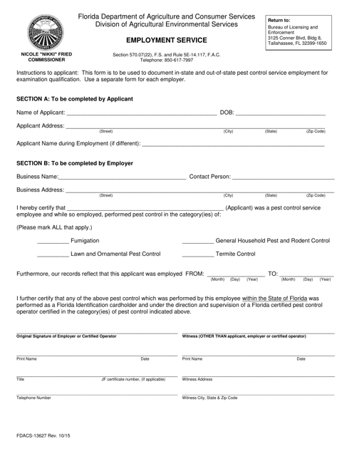 Form FDACS-13627 Employment Service - Florida