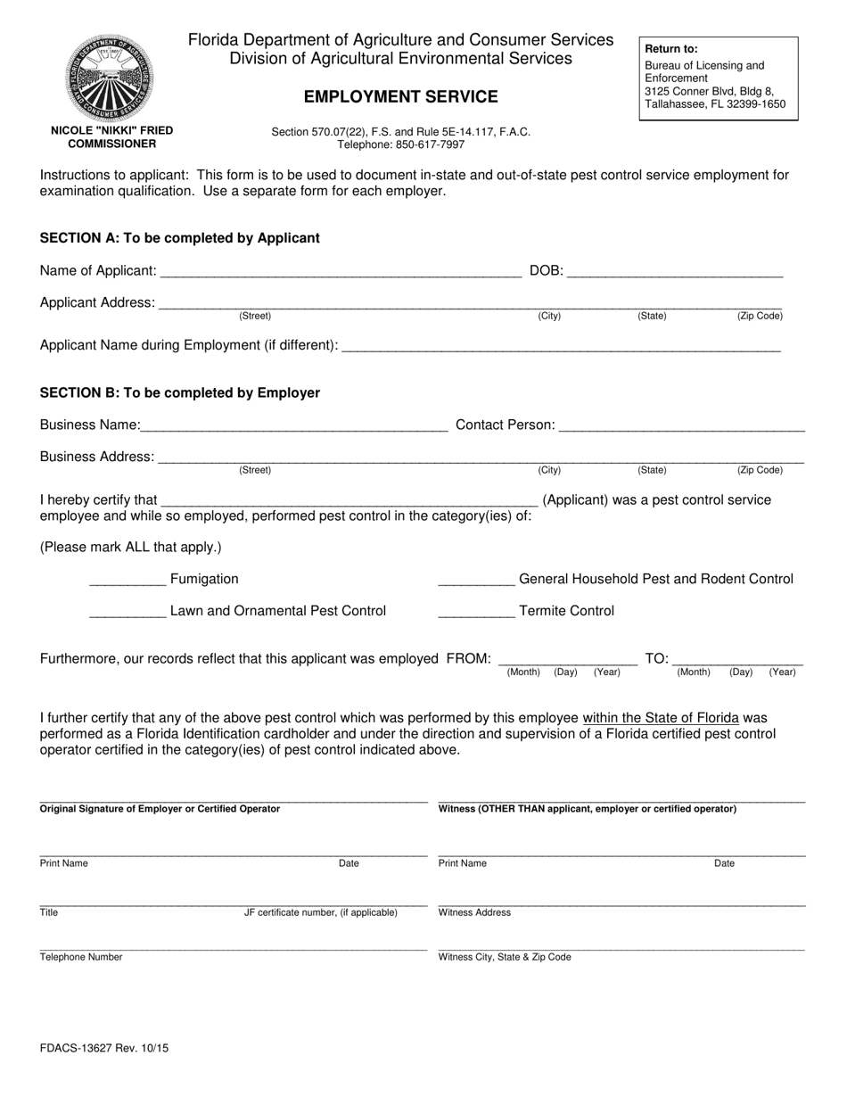 Form FDACS-13627 Employment Service - Florida, Page 1