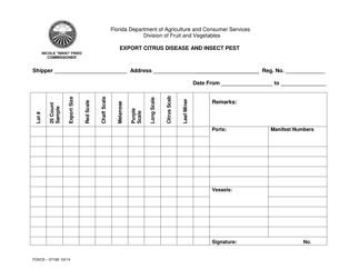 Document preview: Form FDACS-07168 Export Citrus Disease and Insect Pest - Florida
