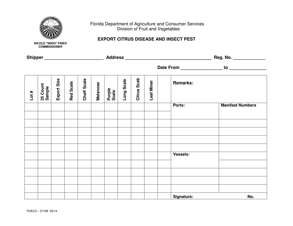 Form FDACS-07168 Export Citrus Disease and Insect Pest - Florida, Page 1