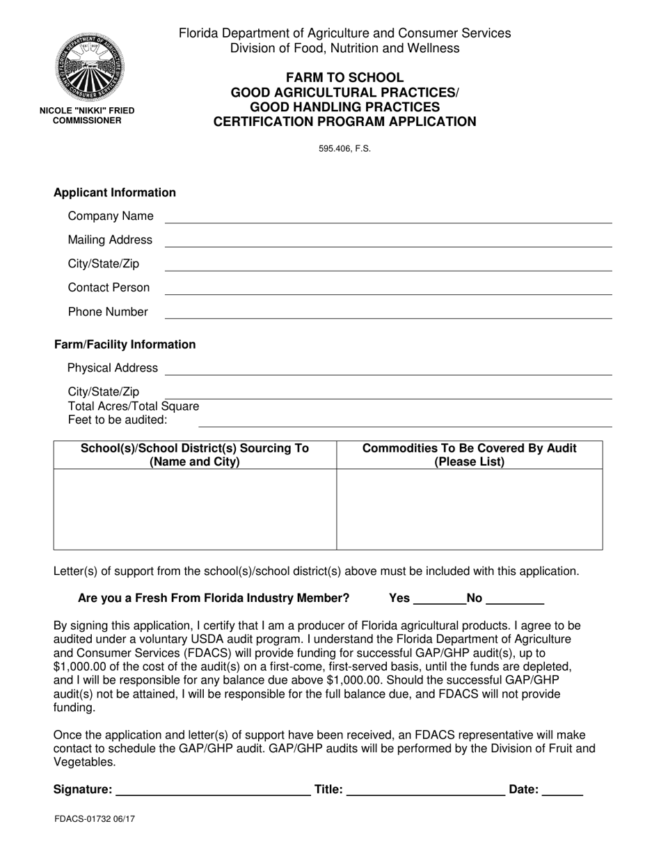 Form FDACS-01732 Farm to School Good Agricultural Practices / Good Handling Practices Certification Program Application - Florida, Page 1