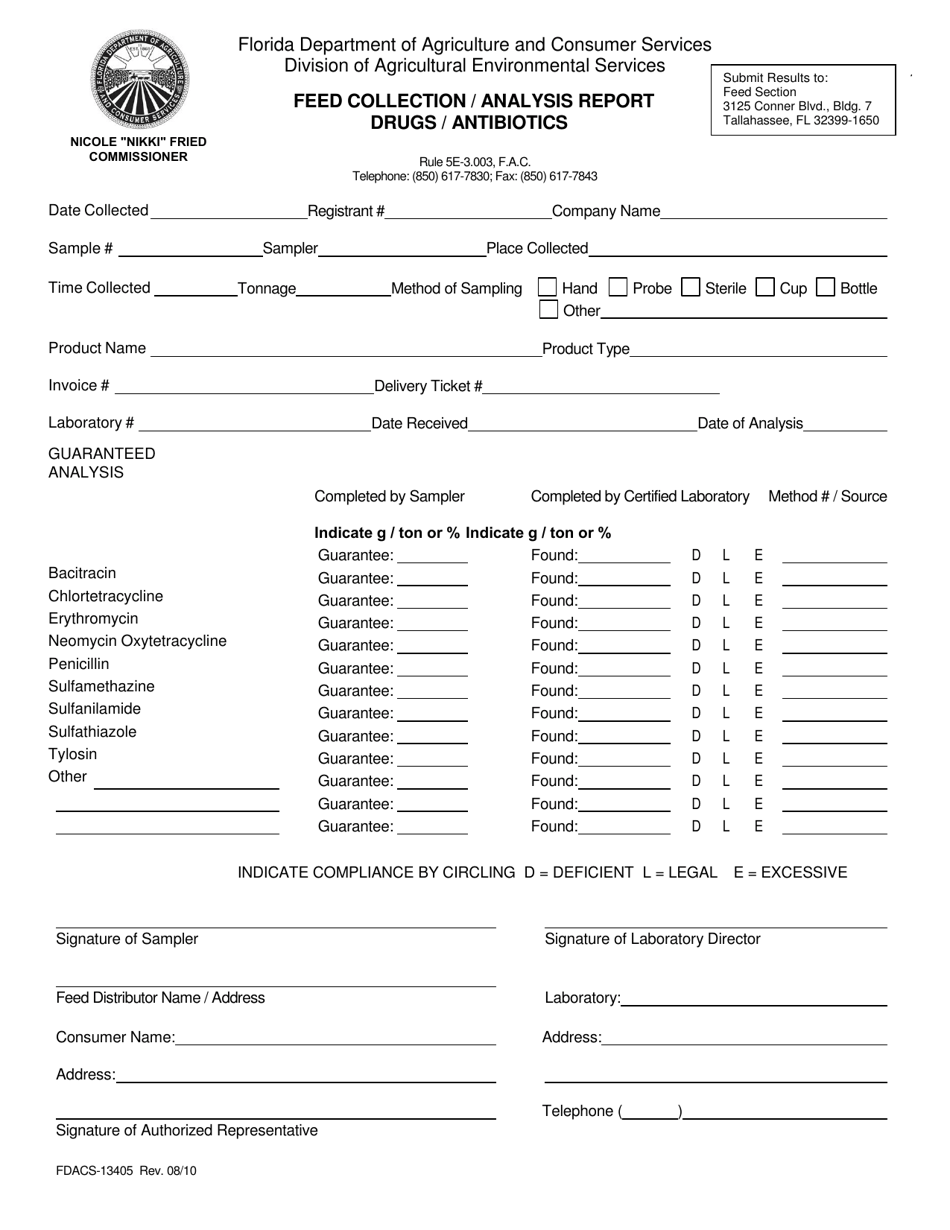 Form FDACS-13405 Feed Collection / Analysis Report Drugs / Antibiotics - Florida, Page 1