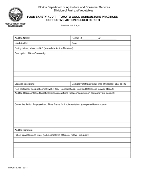 Form FDACS-07165 Food Safety Audit - Tomato Good Agriculture Practices Corrective Action Needed Report - Florida
