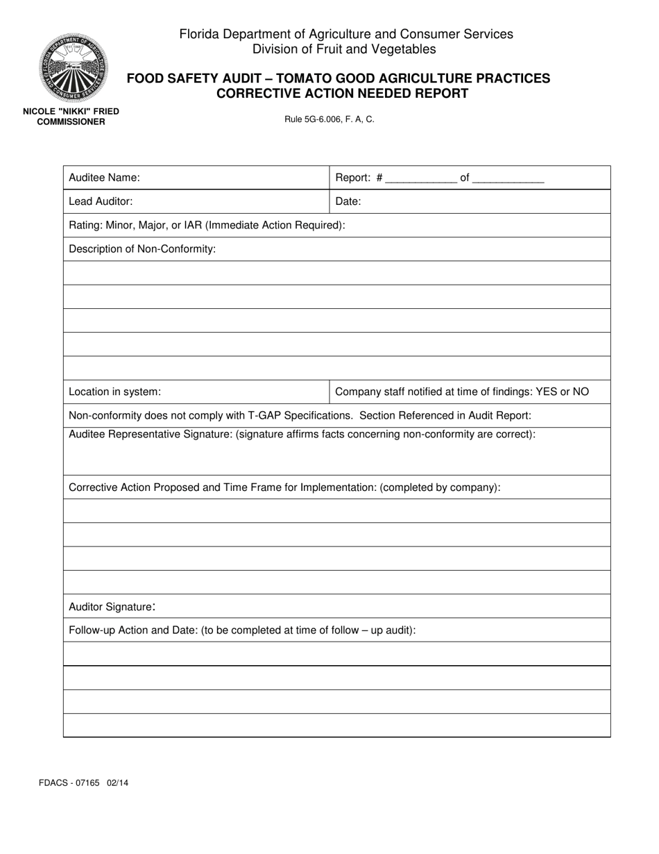 Form FDACS-07165 Food Safety Audit - Tomato Good Agriculture Practices Corrective Action Needed Report - Florida, Page 1