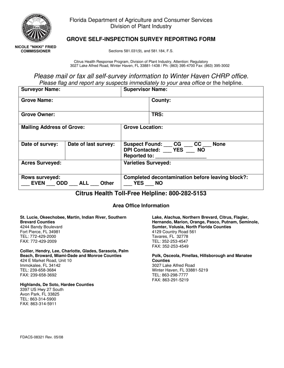 Form FDACS-08321 Grove Self-inspection Survey Reporting Form - Florida, Page 1