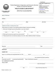 Document preview: Form FDACS-10303 Health Studio Claim Affidavit - Florida