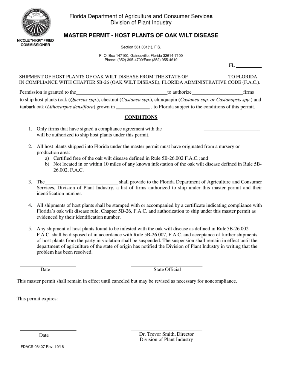 Form FDACS-08407 Master Permit - Host Plants of Oak Wilt Disease - Florida, Page 1