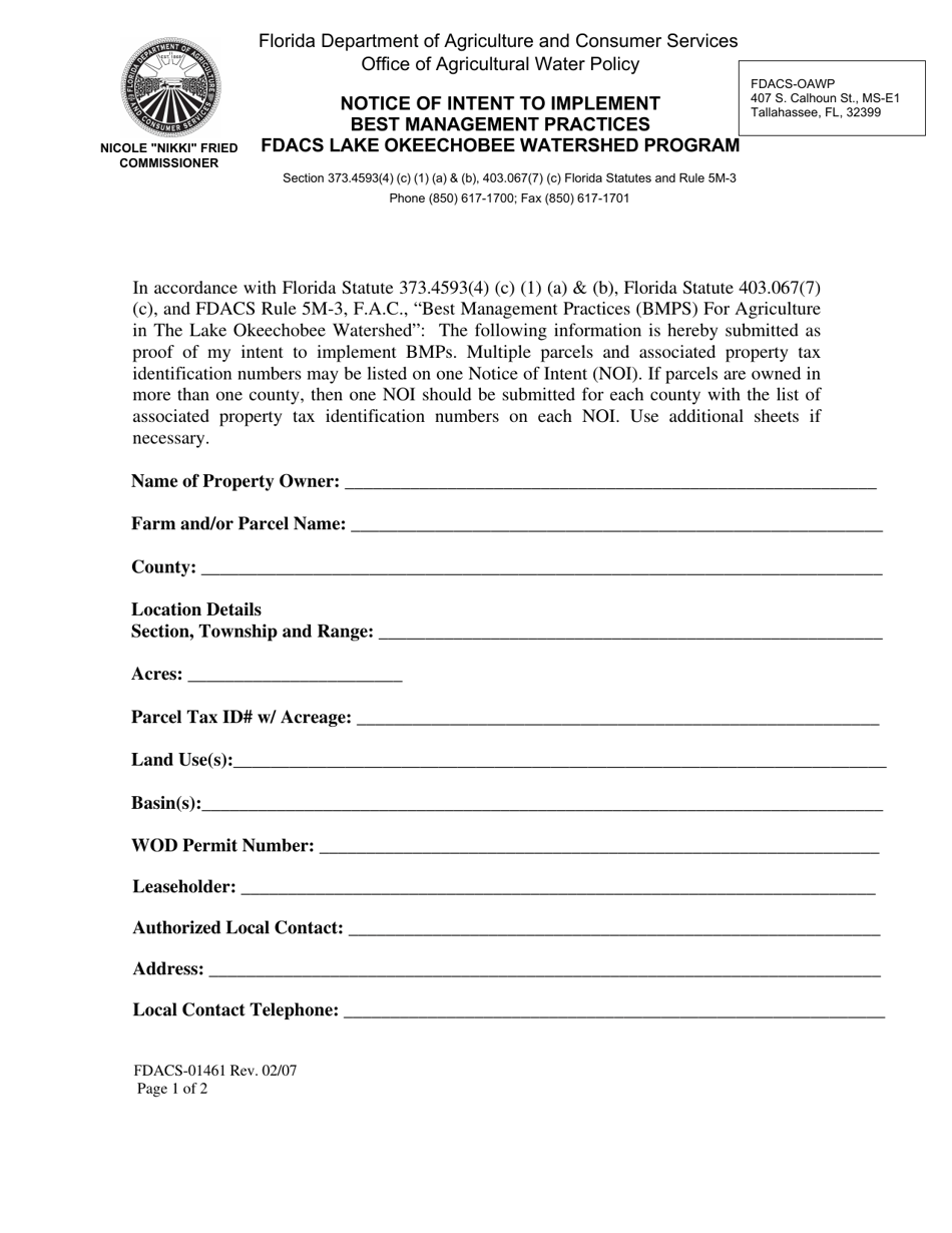 Form FDACS-01461 Notice of Intent to Implement Best Management Practices, Fdacs Lake Okeechobee Watershed Program - Florida, Page 1
