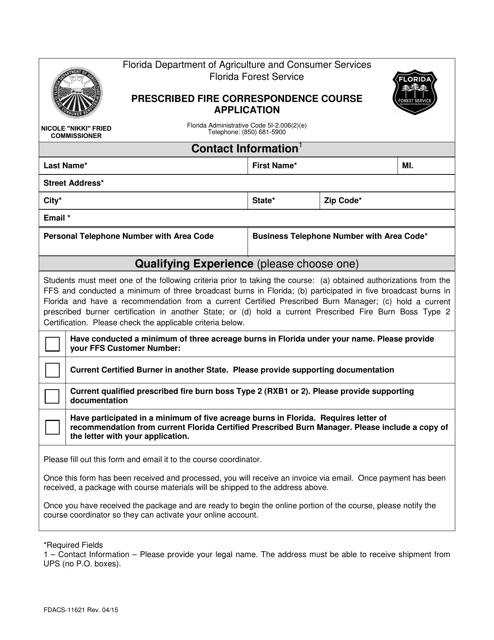 Form FDACS-11621 Prescribed Fire Correspondence Course Application - Florida