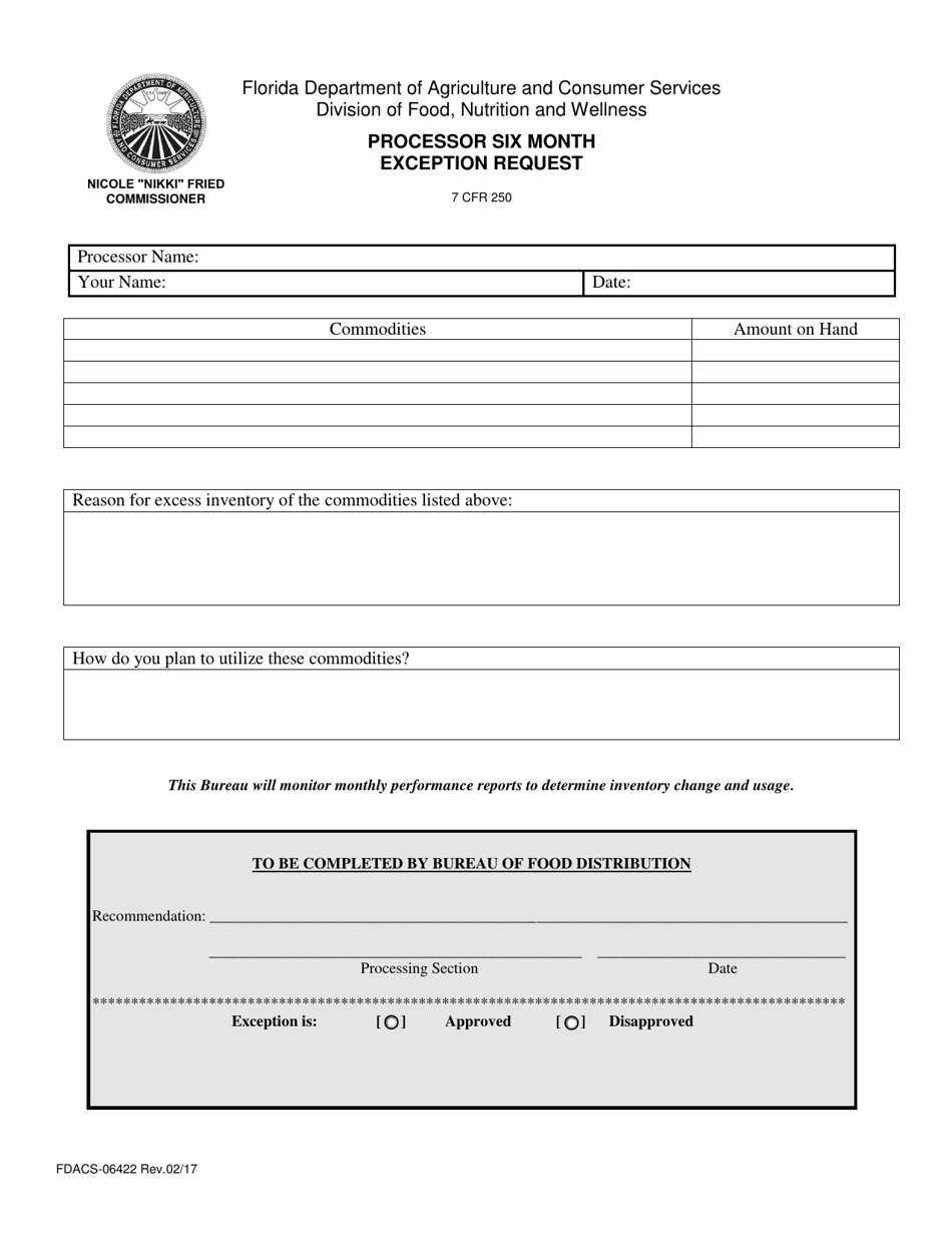 Form FDACS-06422 Processor Six Month Exception Request - Florida, Page 1