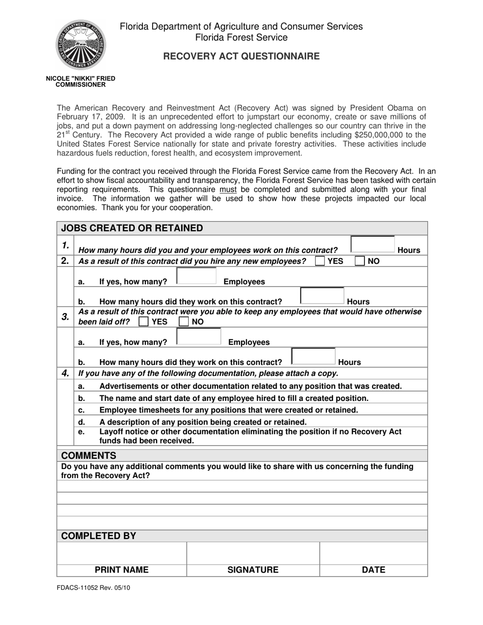 Form FDACS-11052 Recovery Act Questionnaire - Florida, Page 1