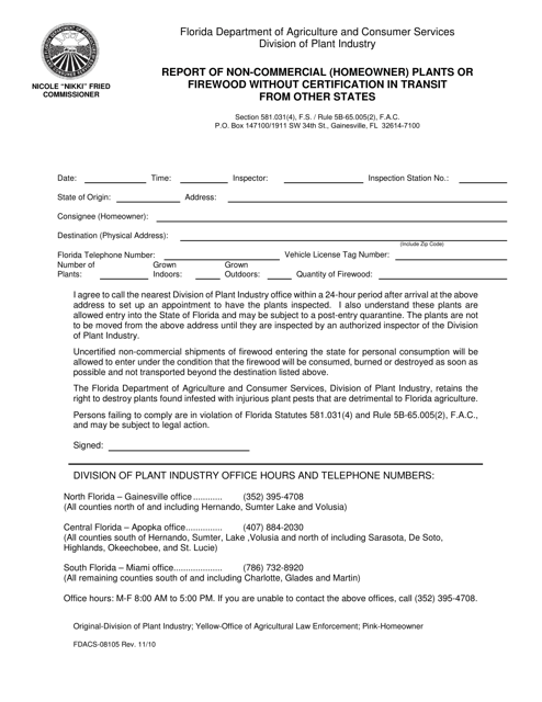 Form FDACS-08105 Report of Non-commercial (Homeowner) Plants or Firewood W/Out Cert in Transit From Other States - Florida