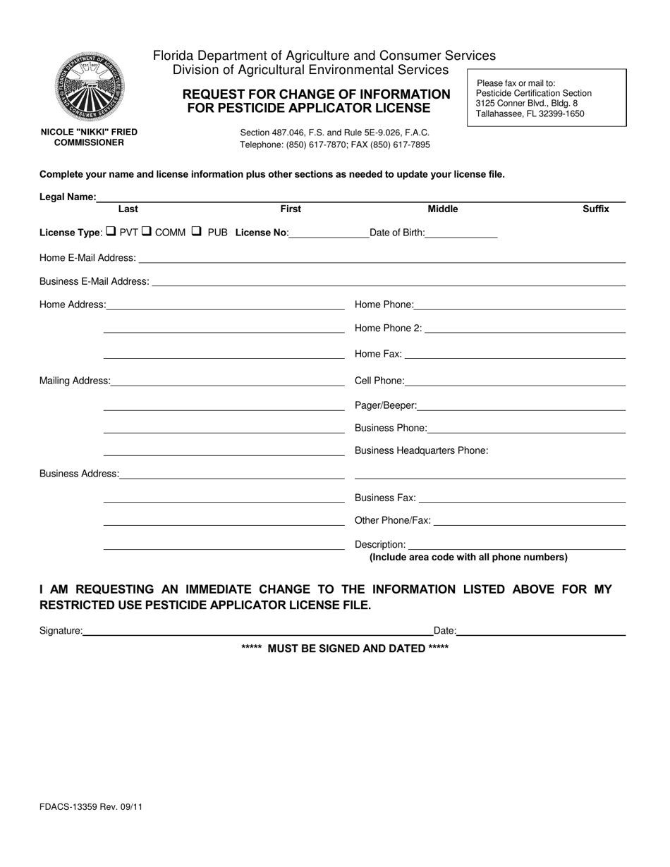 Form FDACS-13359 Request for Change of Information for Pesticide Applicator License - Florida, Page 1