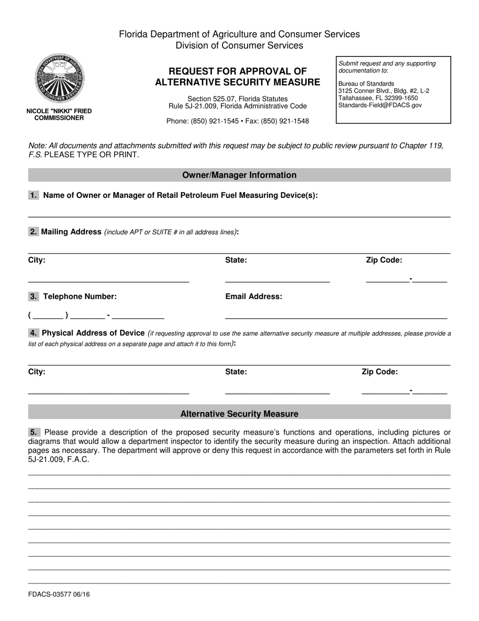 Form FDACS-03577 Request for Approval of Alternative Security Measure - Florida, Page 1