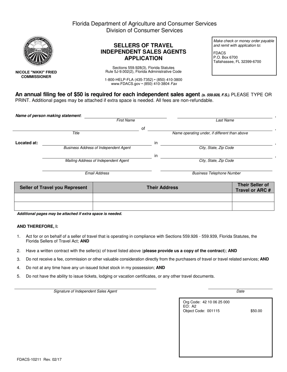 Form FDACS-10211 Sellers of Travel Independent Sales Agents Application - Florida, Page 1