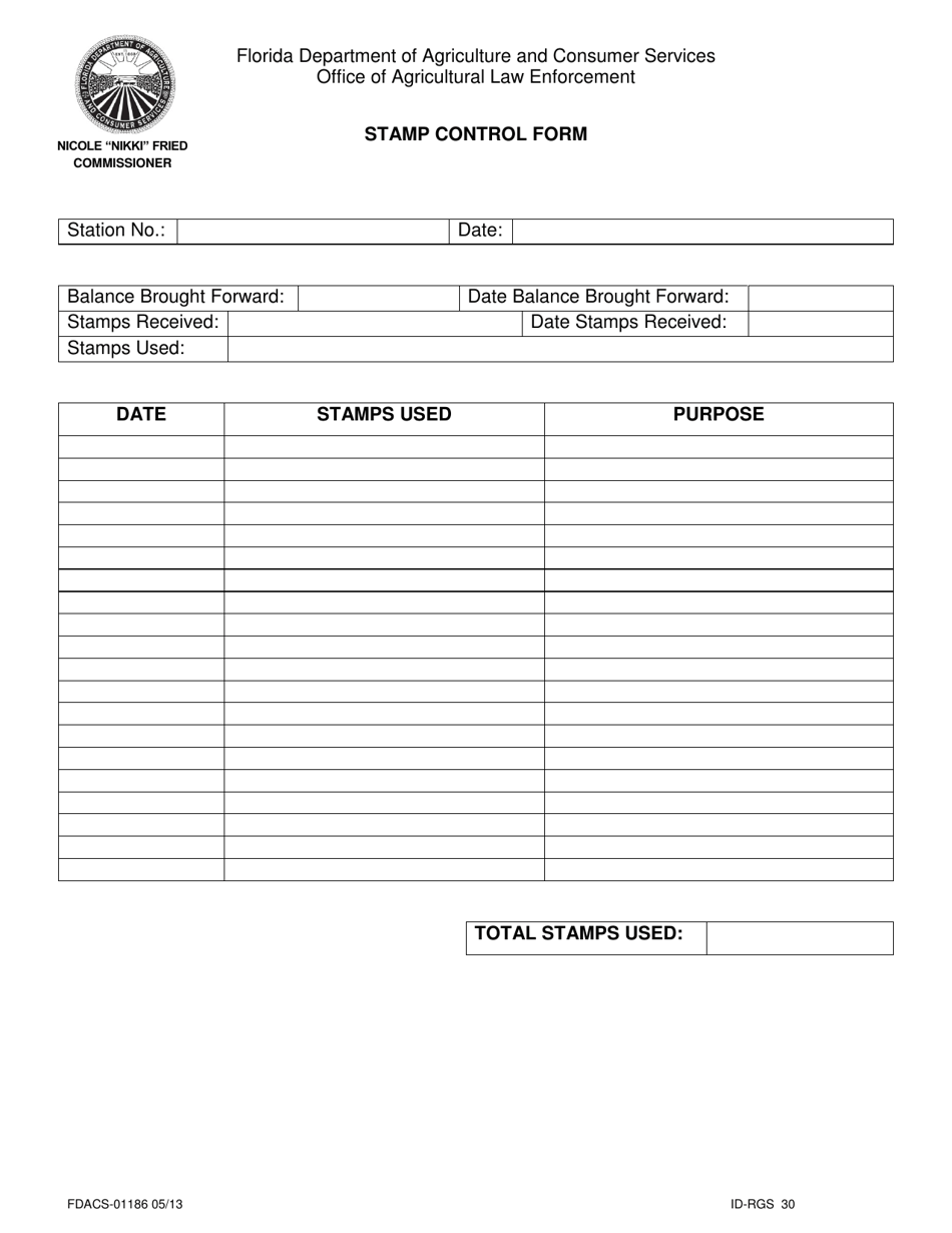 Form FDACS-01186 Stamp Control Form - Florida, Page 1