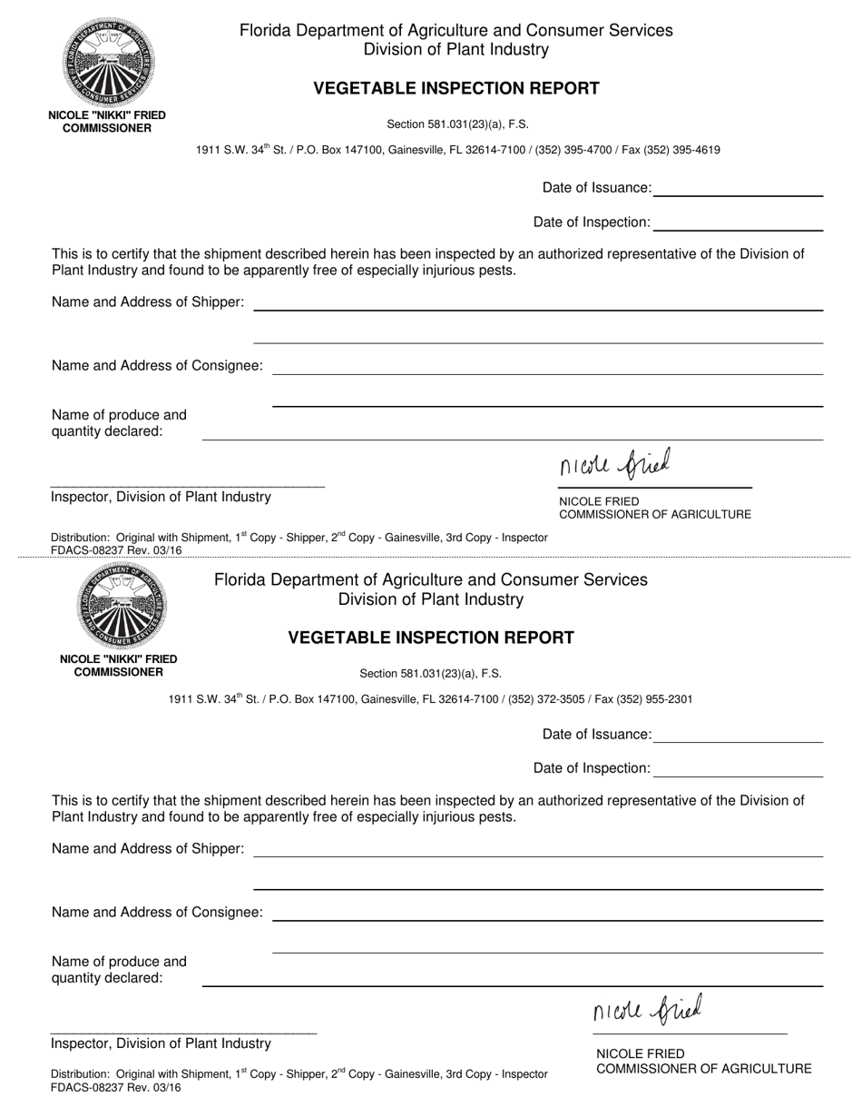 Form FDACS-08237 Vegetable Inspection Report - Florida, Page 1