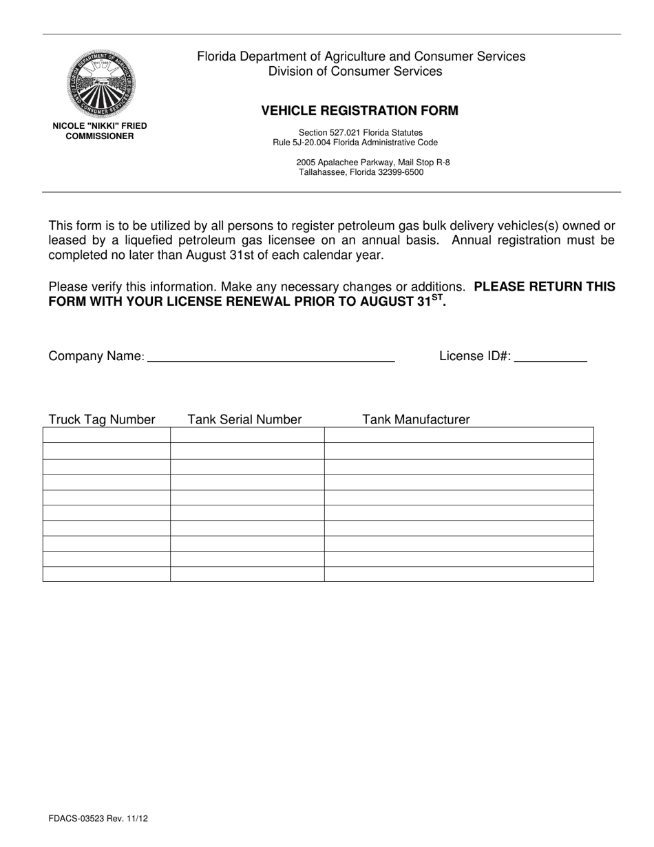 Form FDACS-03523 Vehicle Registration Form - Florida, Page 1