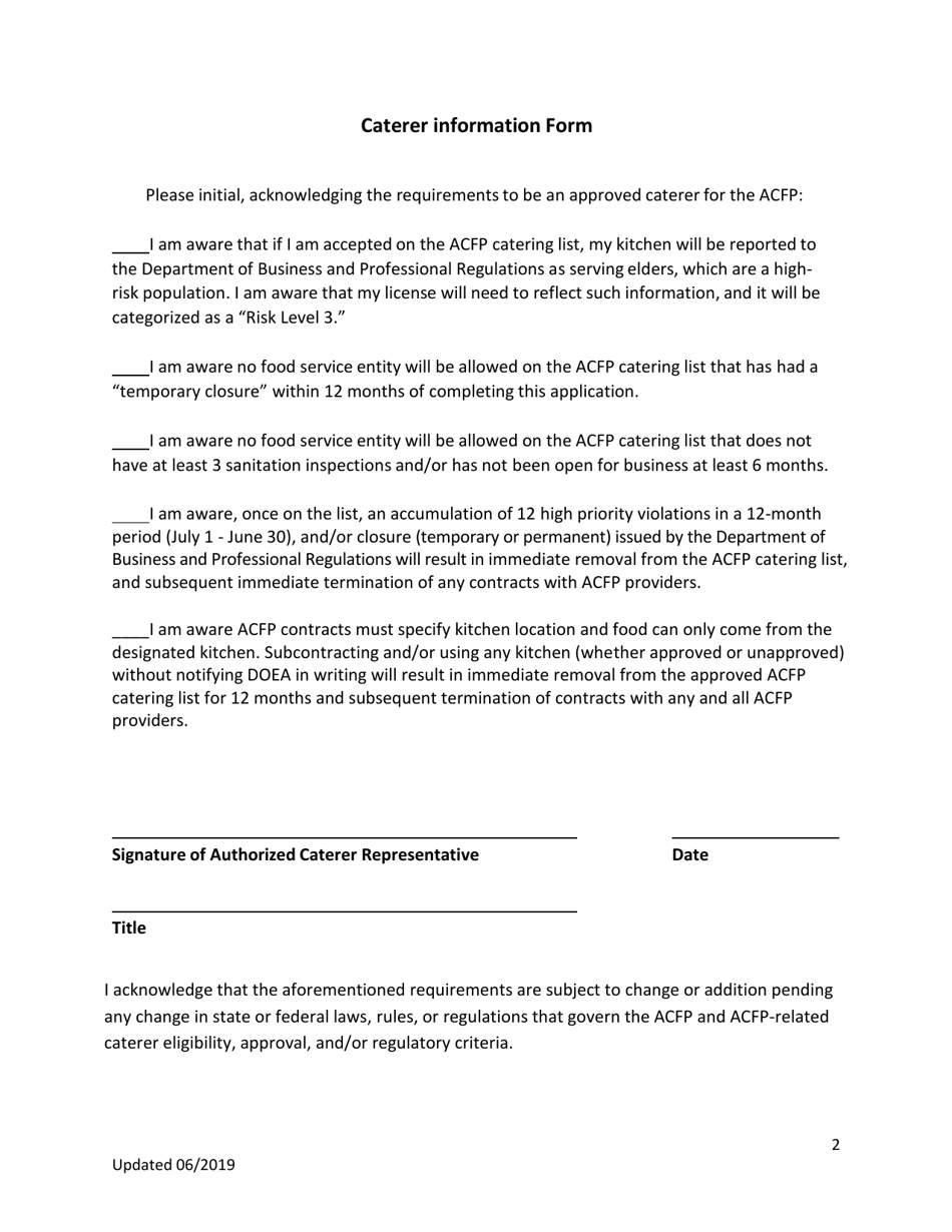 Catering Information Form - Florida, Page 2
