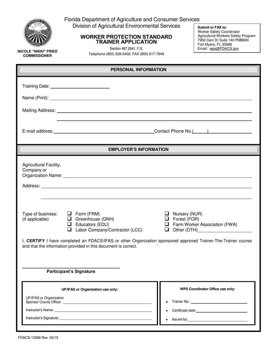 Form FDACS-13366 Worker Protection Standard Trainer Application - Florida, Page 1